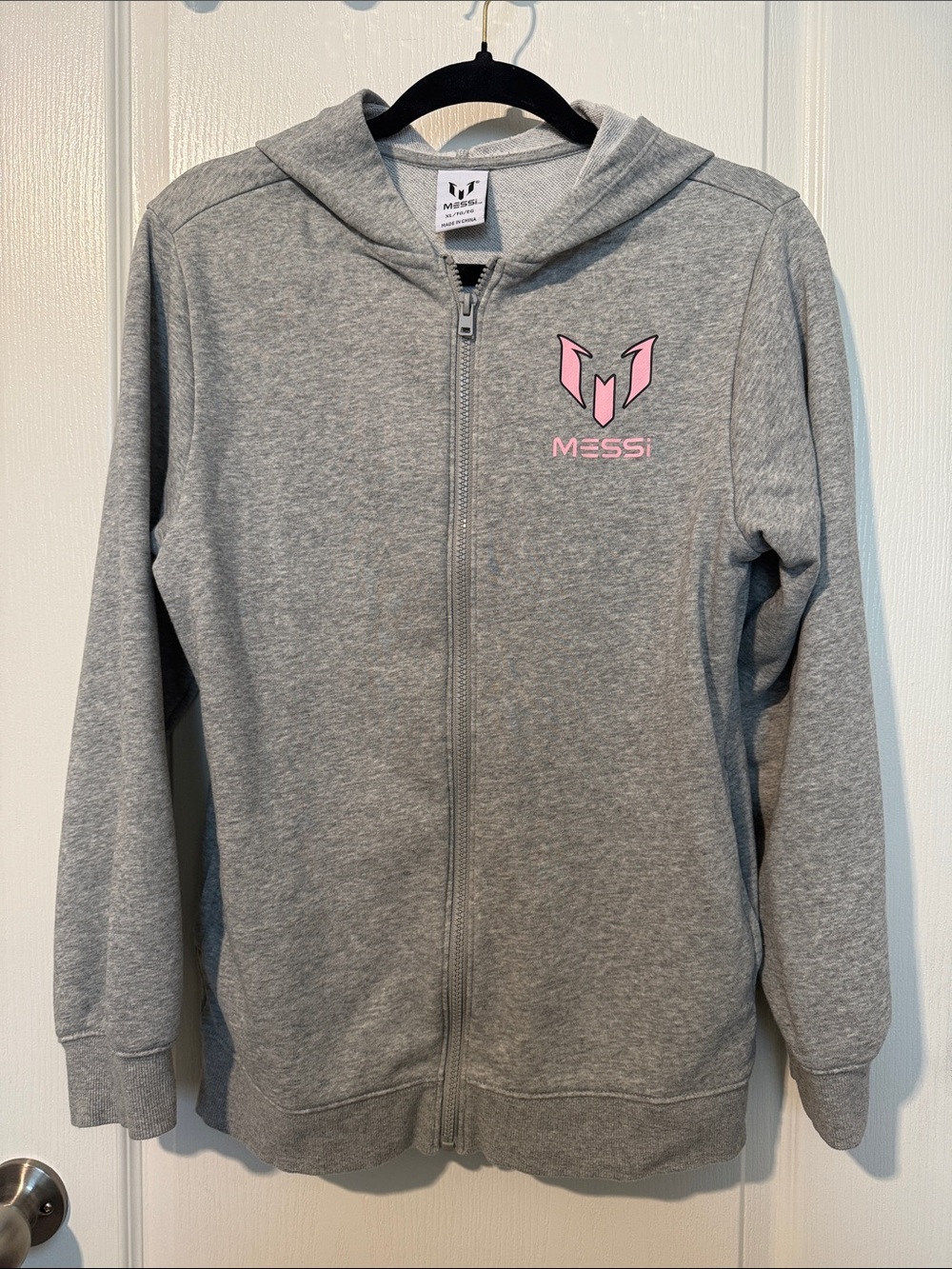 Women's Messi Gray Zip Hoodie with Pink Logo